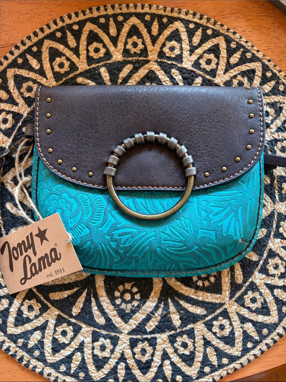Tony Lama Teal and Brown Embossed Leather Crossbody with Brass Ring Accent